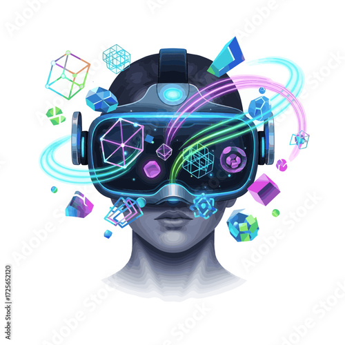 Futuristic concept of virtual reality immersion with a glowing headset and abstract data