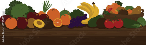Colorful Array of Fresh Fruits and Vegetables Arranged on a Wooden Surface for a Healthy Diet