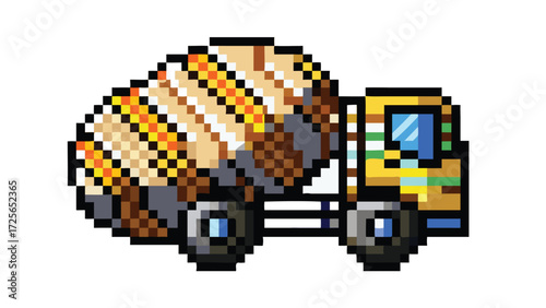 Concrete Mixer Truck 8-Bit Pixel Art Sprite. Isolated Construction Vehicle Asset