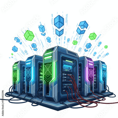 Vibrant illustration of interconnected server racks depicting robust digital information processing and flow