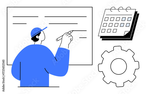 Person writing notes on a whiteboard alongside a calendar and gear symbol. Ideal for project planning, organization, productivity, teamwork, strategy building, time management, simple flat metaphor