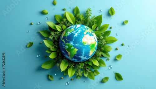 Earth surrounded by lush green leaves and water droplets on a blue background.