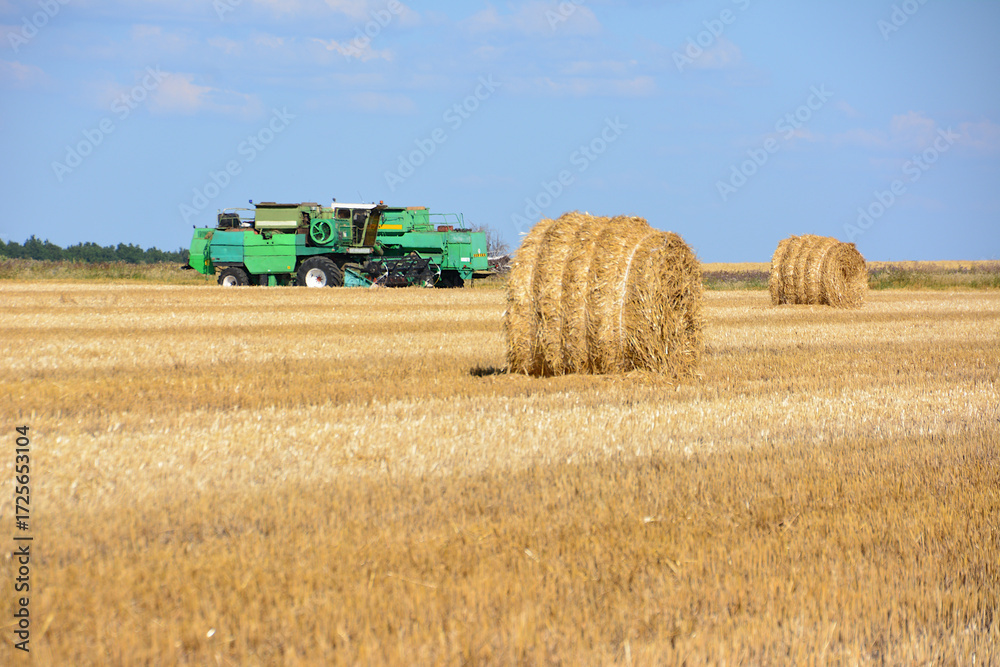 Obraz premium a wheat field with bales and combine harvester