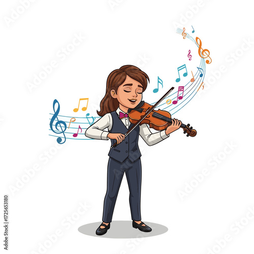 Charming Cartoon Girl Expressively Playing Violin with Vibrant Musical Notes - A Celebration of Music and Joy