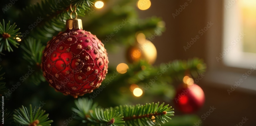 Fototapeta premium Glittering pine cone ornament adorns a festive Christmas tree in a warm room , fire, Christmas tree