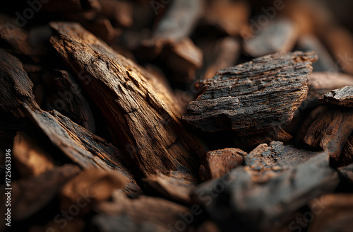 Wallpaper Mural Selective focus on agar wood sticks incense chips used for burning perfumes, essential oils like Oud Bakhoor. Natural resin pieces, with distinct texture, key ingredients for aromatic fragrances, Torontodigital.ca