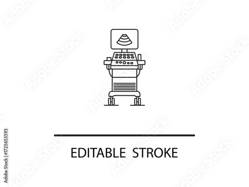Modern ultrasound machine icon for medical diagnostics and prenatal care, editable stroke for customization ideal for healthcare designs.