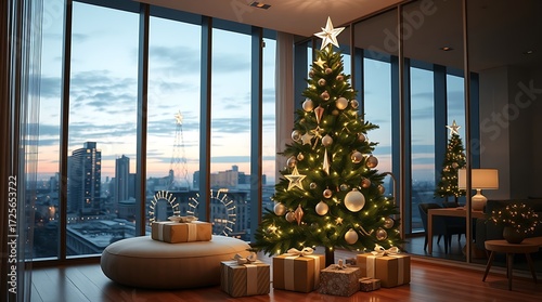 Fototapeta Naklejka Na Ścianę i Meble -  Christmas tree in modern apartment with city view and gifts under the tree in living room decor