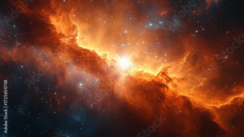 A breathtaking journey through a fiery orange nebula in deep space.