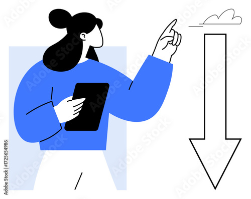 Woman holding tablet points to cloud with downward arrow, symbolizing cloud computing, download, technology, communication, innovation, networking, remote work and data storage. Minimal flat