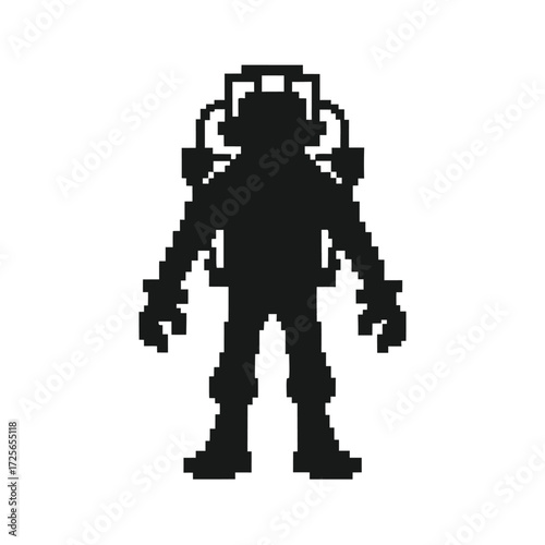Pixelated astronaut stands wearing spacesuit with oxygen tank shown in the front view