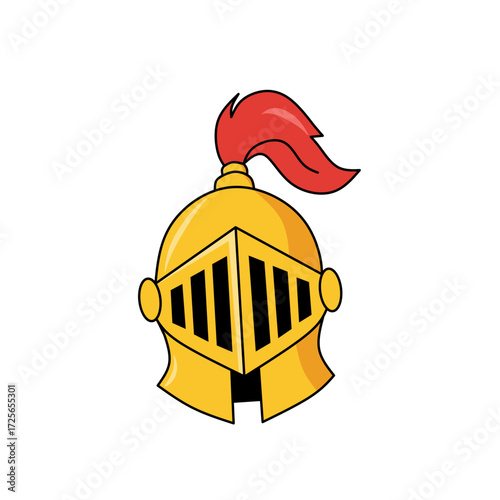 Golden knight helmet with red plume, medieval armor headgear illustration. Perfect for logo, mascot, gaming emblem, or historical fantasy design