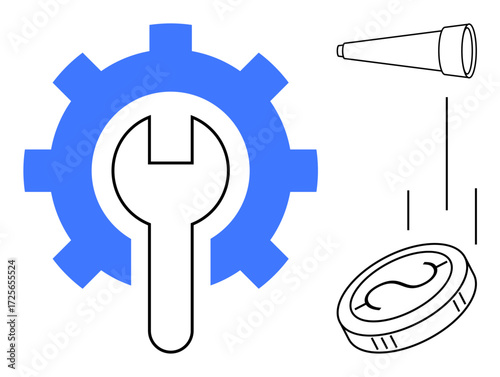Large blue gear and wrench symbolize engineering, with telescope and falling coin suggesting financial planning, exploration, and innovation. Ideal for business, technology, repair, investment