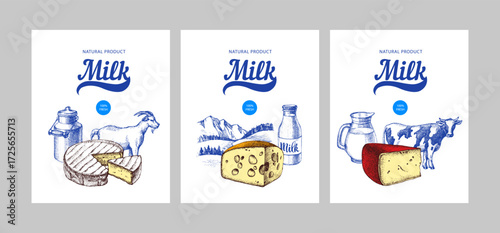 Hand drawn vintage milk products banner set. Dairy sketch vector vintage isolated illustration