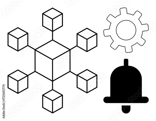 Cubes arranged in a network, gear representing configuration, bell symbolizing alerts. Ideal for technology, decentralization, cryptocurrency, communication, notifications, automation system setup