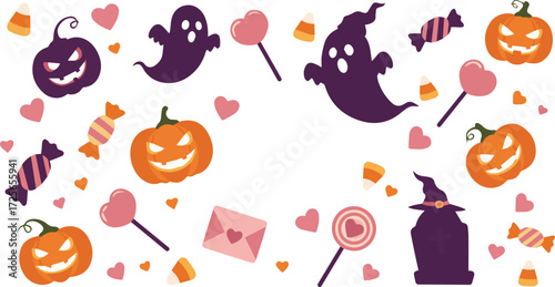 A sweet and spooky Halloween frame illustration with cute ghosts, smiling jack-o'-lanterns, and candy treats on a white background