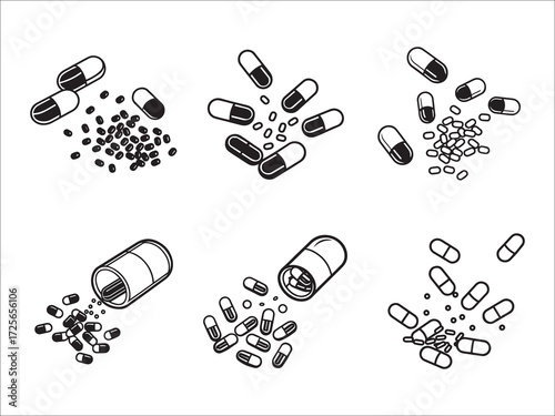 Black and white pill illustration showcasing medicine and healthcare themes