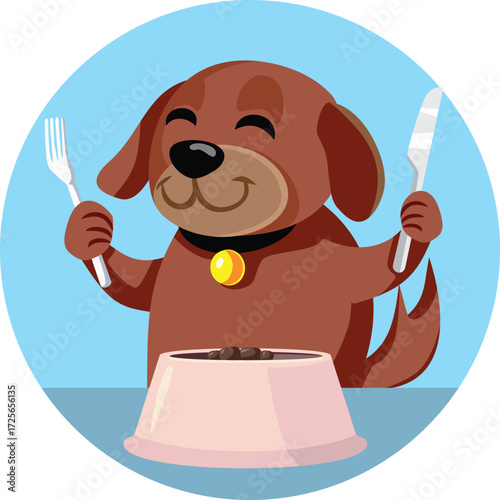 Dog Holding Fork and Knife Eating Vector Character. Cute adorable mascot being fed proper food   
 