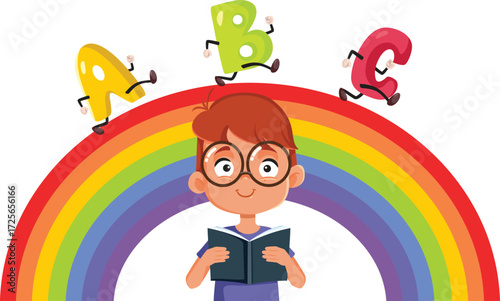 Happy Child Learning to read Vector Cartoon Character. Adorable first grader learning how to decipher letters
