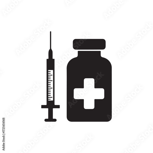 Vector art of black silhouette of a medical vial with a cross symbol and a syringe silhouette