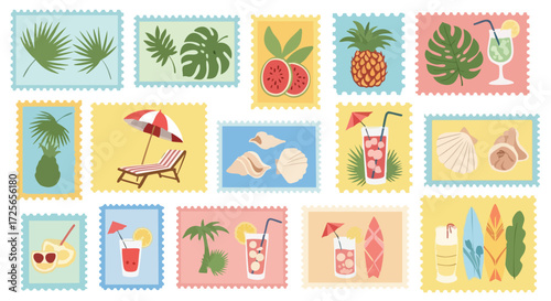 Vibrant summer vacation postage stamps showcase tropical fruits, refreshing drinks, beach chairs, and seashells, evoking a perfect holiday getaway.