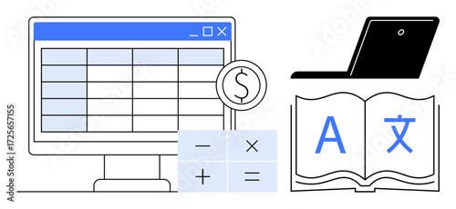 Computer screen with a spreadsheet, calculator, currency sign, book with translation symbols, and laptop. Ideal for business, education, finance, technology globalization productivity simple flat