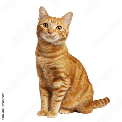 A charming orange tabby cat with striking amber eyes sitting gracefully against a clean white background. its playful demeanor and soft fur. ideal for pet-related content or advertising