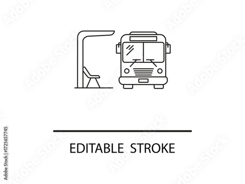 Modern line art bus stop illustration with waiting bench ideal for transportation apps or urban planning projects and editable stroke feature.