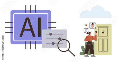 AI microchip with sliders and magnifying glass beside a woman using facial recognition for door access. Ideal for technology, AI, smart home, security, innovation, automation, simple flat metaphor