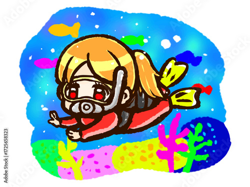 海でスキューバダイビングする女性のちびキャライラスト素材