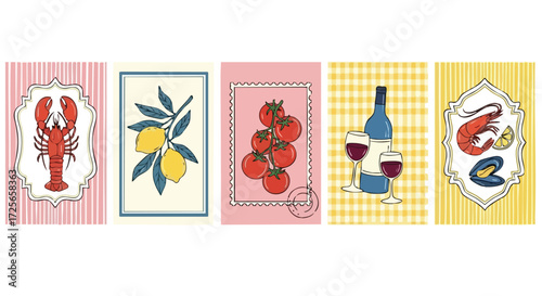 Vibrant culinary collection showcases fresh seafood, juicy lemons, ripe tomatoes, and elegant wine for delightful dining experiences