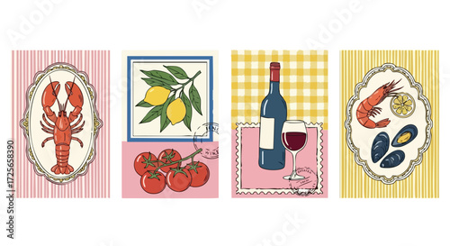 Vibrant culinary collection featuring fresh seafood, juicy tomatoes, zesty lemons, and rich wine perfect for restaurant menus or home decor.