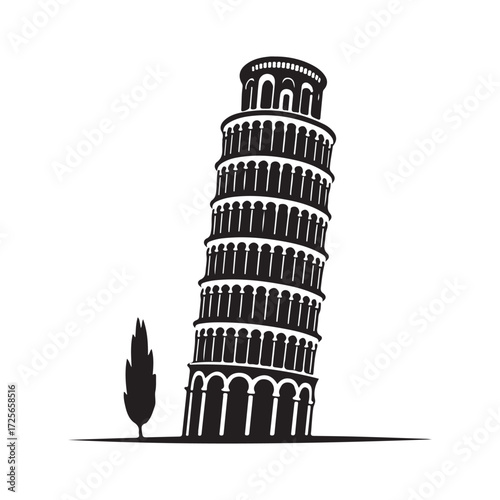 Vector art of black silhouette of the leaning tower of pisa and a cypress tree silhouette