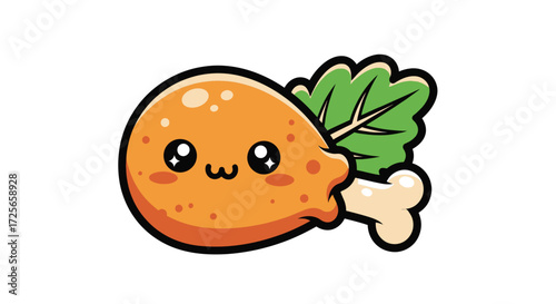 Adorable kawaii style chicken drumstick illustration with playful expression and lettuce garnish