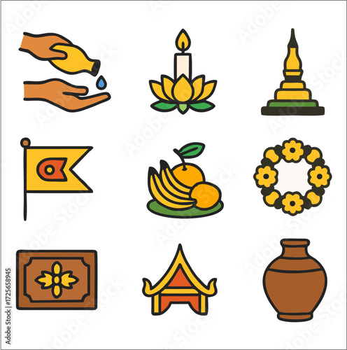 Boun That Luang icons in a flat 2D style. Designed with bold black lines and bright colors, this set highlights the most important Buddhist festival in Laos