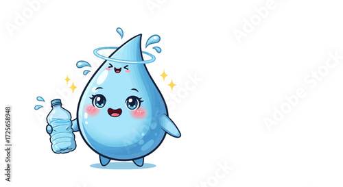 Adorable water droplet character promotes hydration with a bottle in hand