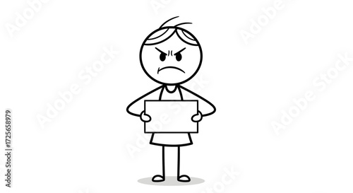 Angry stick figure demonstrating with a blank sign depicting protest or demand in monochrome outline