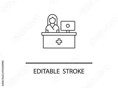 Modern healthcare worker at reception desk with computer offers friendly support, perfect for medical or clinic websites and health blogs.