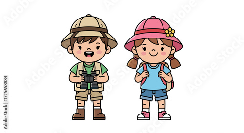 Animated explorers a boy with binoculars and a girl with backpack ready for adventure