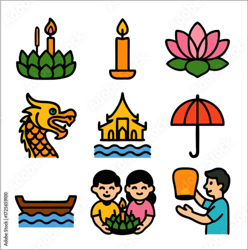 Bright and festive Loi Krathong icons in a flat 2D style. Designed with bold black lines, this set captures the spirit of Thailand's light festival with the krathong