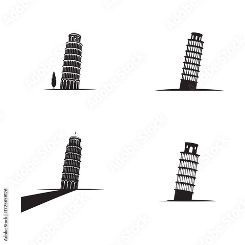 Vector art of collection of four black and white silhouette illustrations of the leaning tower of pisa silhouette