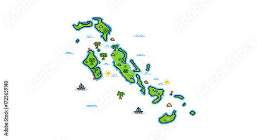 Bahamas pixel art archipelago, vector illustration of island scenery with boats, palms, waves, and