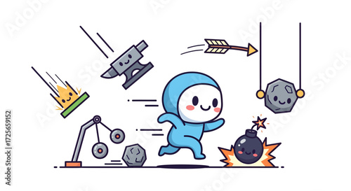 Cartoon adventurer escaping perilous traps, a whimsical journey of survival and determination