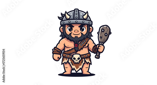 Cartoon Caveman Character with Club and Helmet Ready for Adventure or Historical Representation