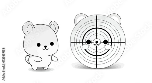 Cartoon bear next to target bear, concept of targeting endangered wildlife animals species hunting