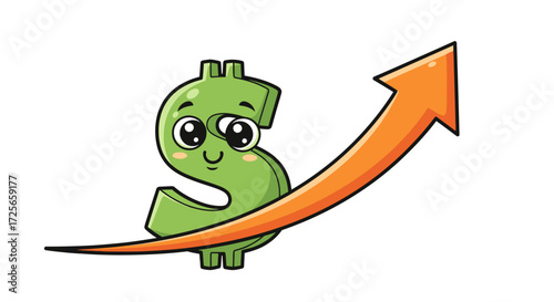 Cartoon dollar with upward trending arrow represents financial growth and profitability