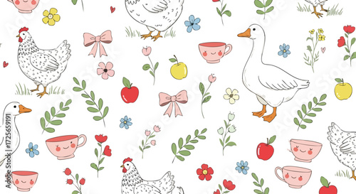 Charming farmyard friends, cute chickens and geese, whimsical teacups, and delicate flowers create a delightful seamless pattern perfect for children's designs.