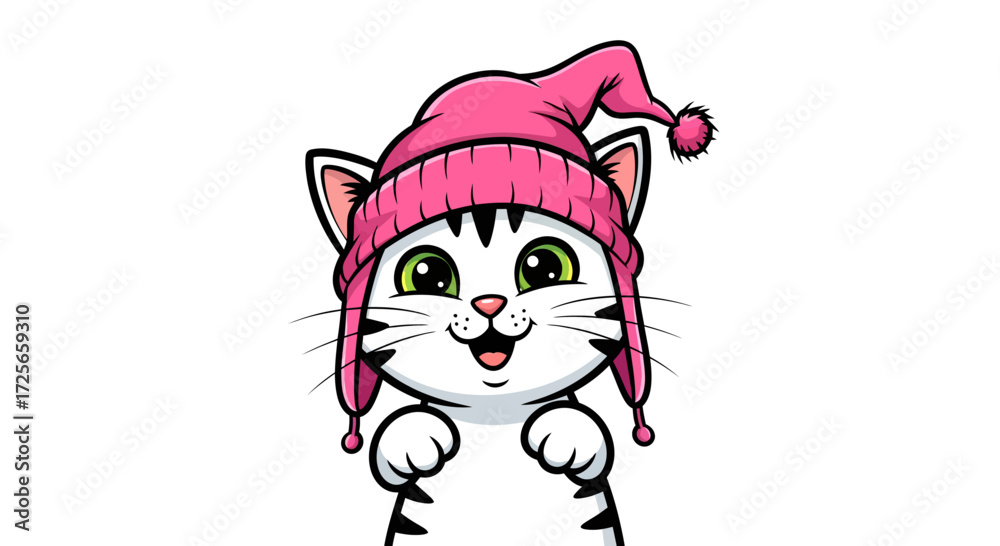 Obraz premium Charming feline cartoon character wearing winter hat offering playful greeting and joyful expression