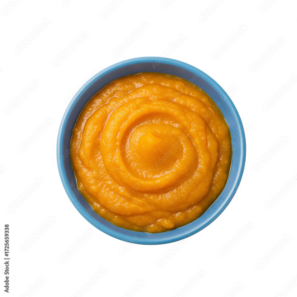 Obraz premium Pumpkin puree in bowl top view PNG. Fresh pumpkin puree PNG from above for food design projects. Homemade pumpkin puree in bowl PNG flay lay for autumn fall cooking visuals