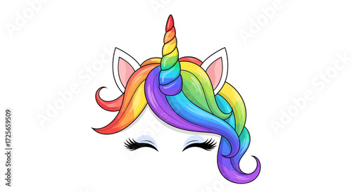 Colorful unicorn illustration with rainbow mane and shimmering lashes vector design